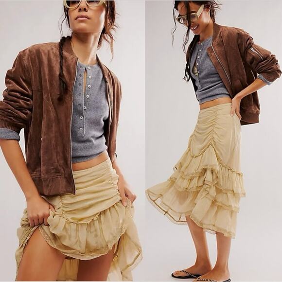 Free People Calliope Ruffle Midi Skirt Sage Medium NWT Ethereal Western Bohemian - Picture 5 of 15